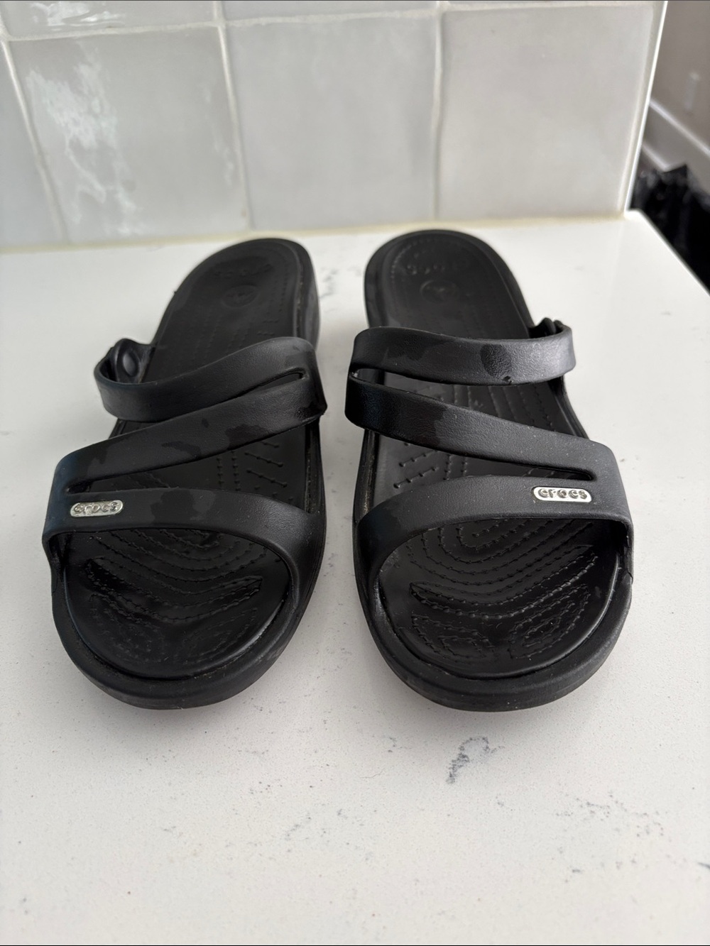 CROCS Women's Black Triple-Strap Slide Sandals-Size 9